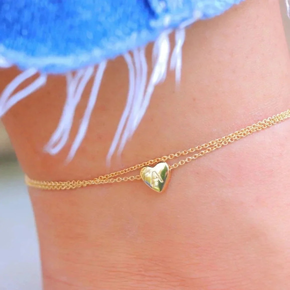 GOLD INITIAL ANKLET ❤️HEART CHARM PERSONALIZED DOUBLE LAYER DAINTY, ELDM22105A - Picture 11 of 13